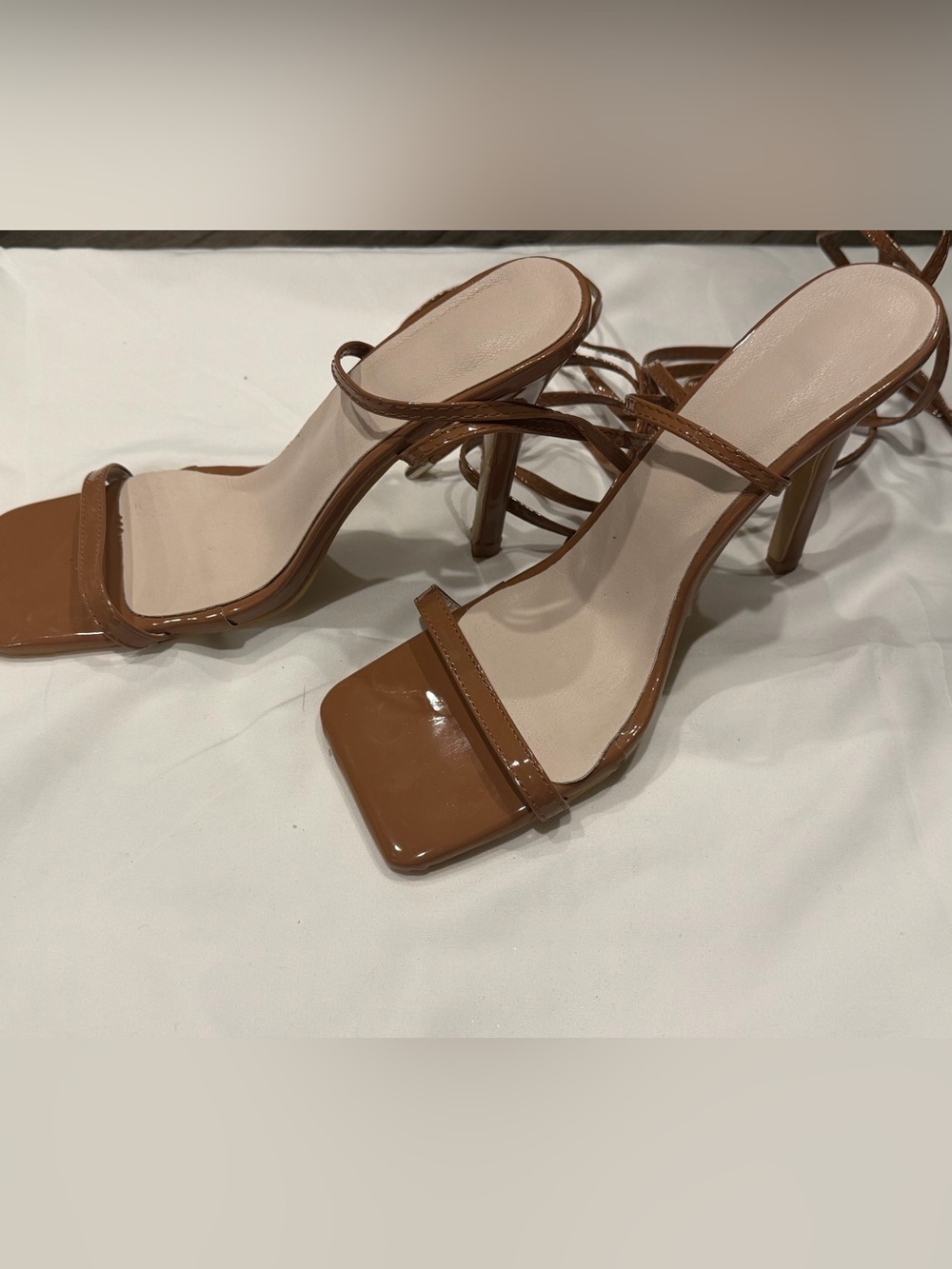 Strappy Square-Toe High Heel Sandals in Brown